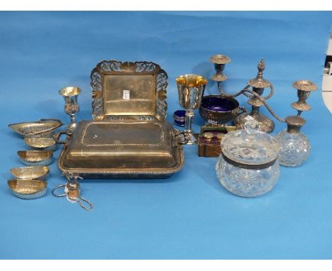 A silver topped globular cut glass Scent Bottle, together with a quantity of silver plate including an entree dish, candelabr