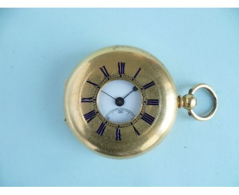 An 18ct gold Half-Hunter Pocket Watch, key wound, the dial with black Roman numerals and subsidiary seconds, the case with bl