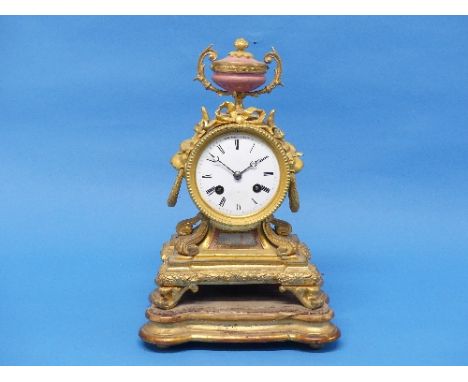 A French gilt metal and pink porcelain Mantel Clock, with enamel dial, 8-day brass barrel movement marked Hy.Marc and Japy Fr