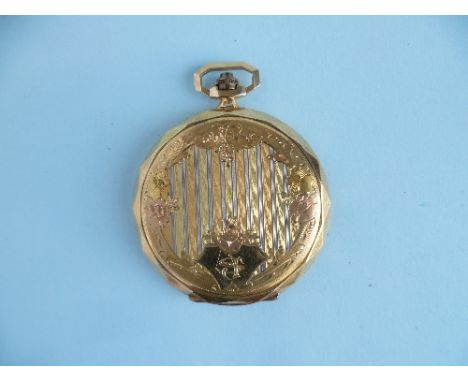 A continental 18ct gold Art Deco Hunter Pocket Watch, of faceted circular form, with gilded dial, raised Arabic numerals and 