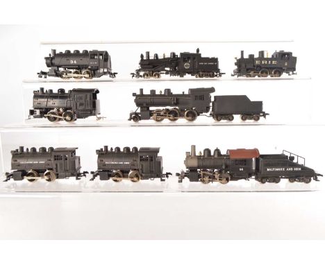 Rivarossi Archive HO Gauge American Steam Locomotives (8),  all unboxed, 0-6-0 in plain black livery, with tender, 0-4-0 with