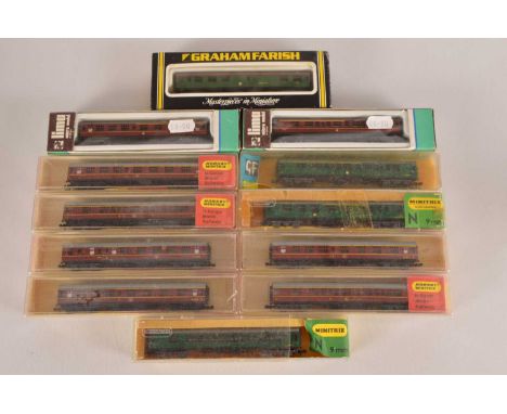 N Gauge BR Coaching Stock (12),  all cased/boxed (two cases P), Hornby Minitrix, BR maroon coaches, N 305 (5), N 308 (1), Lim