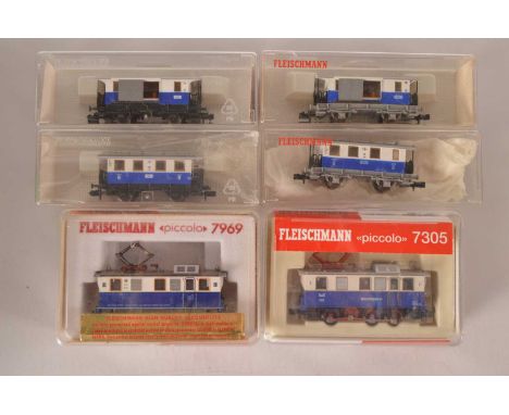 Fleischmann Piccolo N Gauge Edelweiss Bahn Electric Rack Locomotives and Coaches (6),  all cased, 7969 ELB 215, 7305 EWB ZO5 