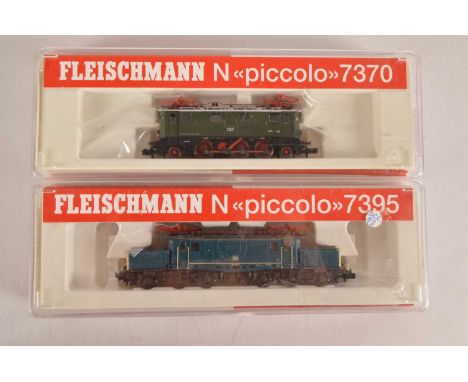 Fleischmann Piccolo N Gauge German Electric Locomotives (2), both cased, DB locomotives,  7370 E3215 in green livery and 7395