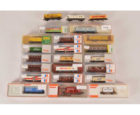 Fleischmann N Gauge Continental Freight Stock (23),  mainly cased, Arnold examples, 4344 Huntwagen, 4601 Carlo chemical tank 
