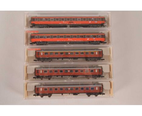 Fleischmann Swedish and Austrian N gauge Coaches (5), all cased, Swedish Railways, 8171, 8172 (2) IN SJ red livery and Austri