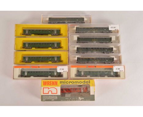 Swiss N Gauge Coaching Stock (11), all cased/boxed, cased examples, Fleischmann, 8138 (3), 8139, 8130 all in SBB green, Arnol