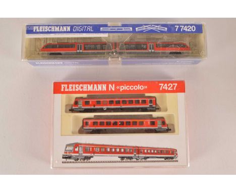 Fleischmann German N Gauge Diesel Rail Cars (2),  both cased, two car rail cars, 7 7420 Fleischmann Digital  BR 642 207-5, an