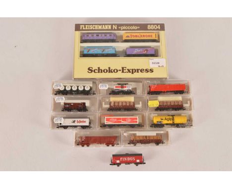 Fleischmann N Gauge Continental Freight Stock (13),  mainly cased German, 8804 Schoko Express four car set all in chocolate b