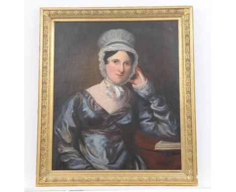 English 19th century school portrait of a lady, three quarter length, oil on canvas framed 76cms by 63cms, (Illustrated)
