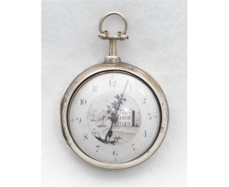 A George III hallmarked silver fusee pair cased pocket watch, the white Arabic enamel dial with central landscape scene, the 