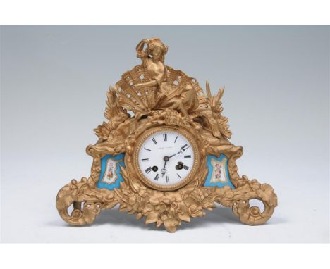 A French gilt spelter and porcelain mantel clock with a white 8cm dial signed Leroy Paris with Roman numerals, small chip to 