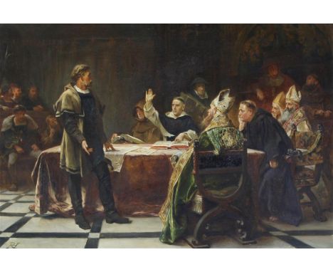 European School (19th Century) - 'The Judgement', oil on canvas, monogrammed 'R H', approx 51x76cm, inset ornate moulded and 