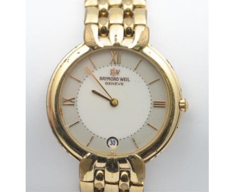 Raymond Weil: a gentleman's gold-plated Quartz bracelet watch, the two tone cream dial with alternate Roman and applied hourl
