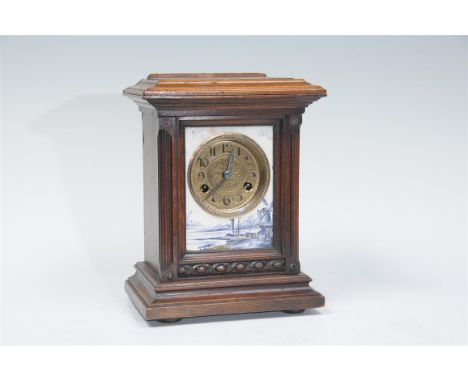 A Victorian and stained wood Delft tile mantel clock with a 9cm brass dial with Arabic numerals, the two train Enfield moveme