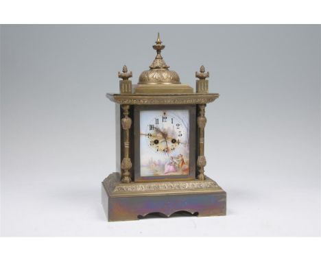 A 19th century French porcelain mantel clock, with a 8.5cm chaptering, the porcelain panel cracked  painted a gallant and his