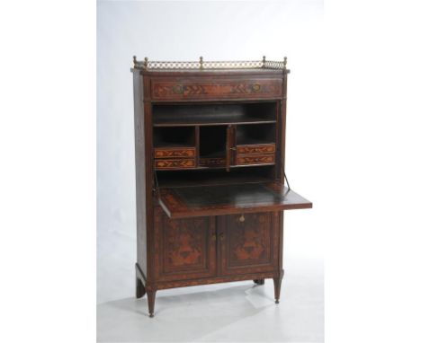 A choice early 19th century Dutch marquetry writing cabinet with a gilt metal gallery above a frieze drawer and a hinged pane