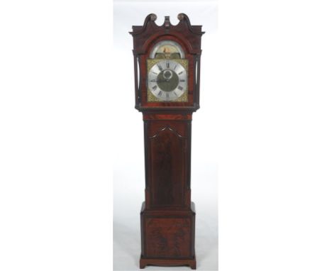 A 19th century inlaid mahogany three train longcase clock with a 35.5cm brass and silvered dial signed in the centre J Callco