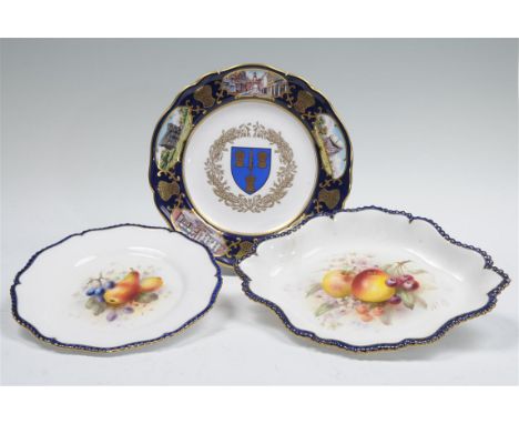 A Royal Worcester fruit painted cabinet plate signed F Roberts, silver shape cobalt blue and gilt border painted with pears, 