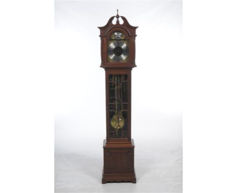 A 20th century mahogany long case clock with a 29cm brass coated dial silvered chaperting, the three train movement with West