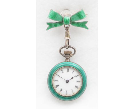 An early 20th century hallmarked silver and enamel ladies fob watch, the silver and green guilloche enamel bow brooch suspend