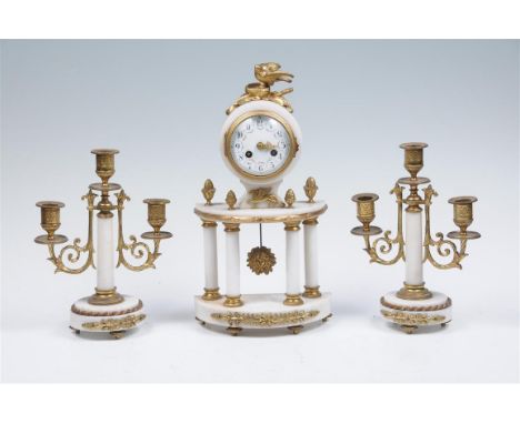 A late 19th century gilt metal and marble mantEL clock garniture, the clock with an 8.5 white enamel dial with arabic numeral