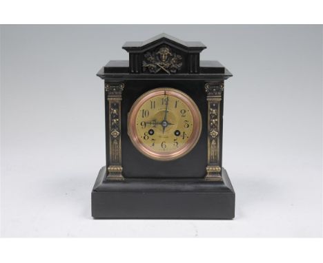 A Victorian black slate and gilt brass mantel clock with a 9cm brass dial signed A Reynoldson, Salisbury, the two train key w