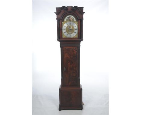 A George III mahogany longcase clock with a 33cm brass and silvered dial signed with a plaque J.Kaye, Liverpool with subsidia