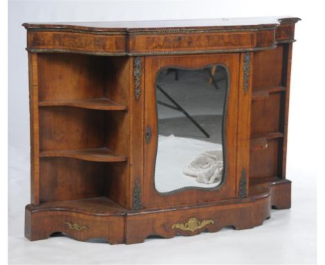 A Victorian bur walnut and inlaid breakfront credenza, the shaped frieze with gilt metal floral leaf and ribbon tied mounts a