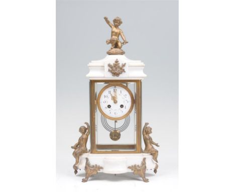 A choice 19th century French four glass and white marble figural mantel clock with a 9.5cm white enamel dial with Arabic nume