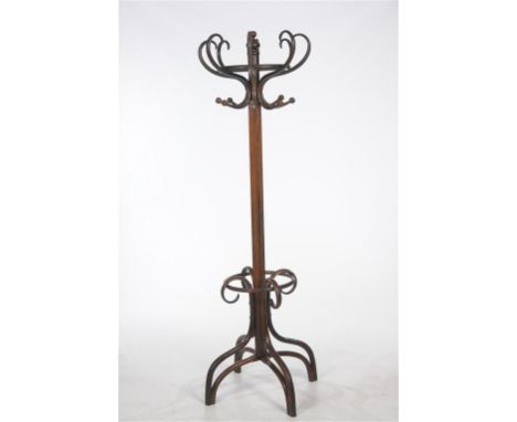 A bent wood hat, coat and stick stand early 20th century with a turned finial, eight scrolling hooks, square shaped central s