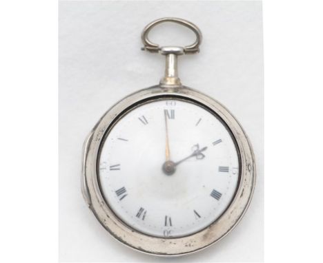 A George III hallmarked silver fusee pair cased pocket watch, the white Roman enamel dial with outer minute track, the verge 