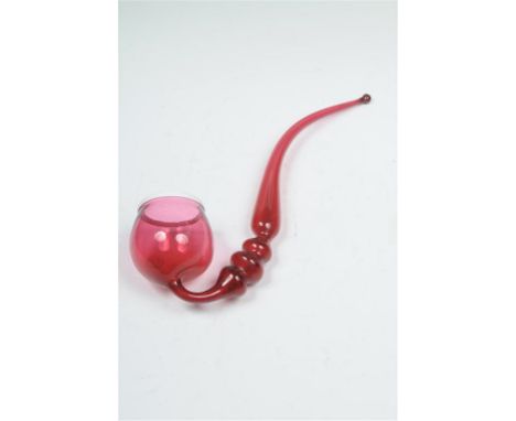 A Victorian cranberry glass and white enamel pipe, 31cms