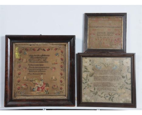 A collection of three early 19th Century samplers, the first of square form, named and dated with text 'Dina Bond, 1833', set