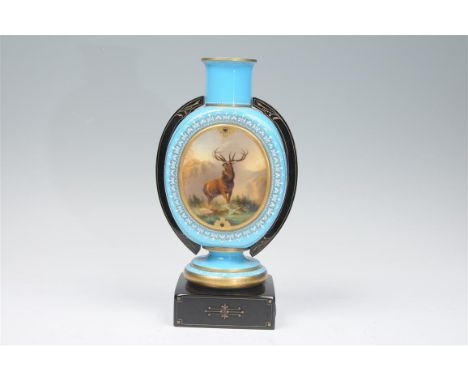 A Victorian blue opaque glass vase painted with a raised oval of a stag at bay after Landseer against a pale blue ground appl