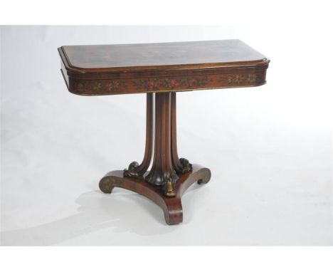 A choice George IV rosewood and painted games table, the shaped rectangular top painted with an oval figures playing cards, a