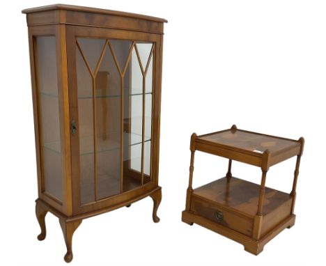 Yew wood bow-front display cabinet, astragal glazed door enclosing two glass shelves, on cabriole feet (W61cm D36cm H113cm); 