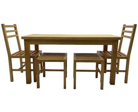 Light beech rectangular dining table; together with two chairs and two stools Dimensions: Height:&nbsp;75cm&nbsp; Length/Widt