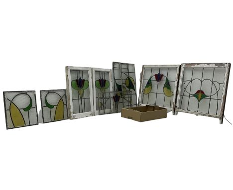 Stained and lead-glazed window panels - sash window in wooden frame (the largest - 74cm x 87cm); two narrow windows in wooden
