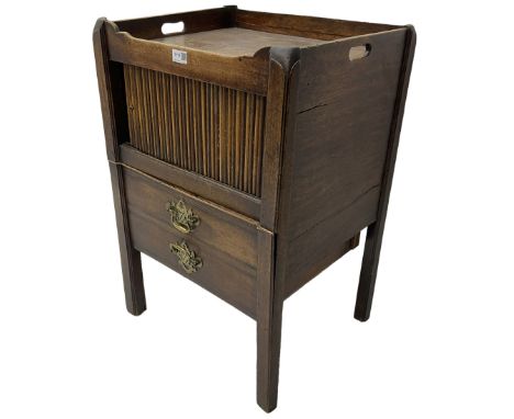 George III mahogany tray top night commode with pierced handles, fitted with tambour door over single commode drawerDimension