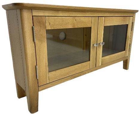 Light oak corner television stand, fitted with two glazed cupboard doorsDimensions: Height:&nbsp;50cm&nbsp; Length/Width:&nbs