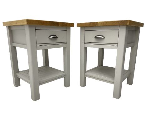 Pair of oak and painted lamp tables or bedsides, each fitted with single drawer and shelf Dimensions: Height:&nbsp;55cm&nbsp;