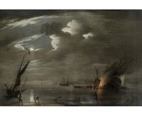 Peter Monamy (London 1681-1749)Caulking ship by moonlight at the Nore signed 'P. Monamy' (on floating spar lower centre)oil o