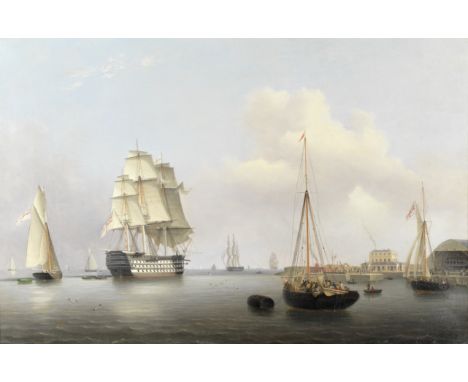 Lieutenant Robert Strickland Thomas (British, 1787-1853)Two magnificent First Rates: HMS Trafalgar and HMS Queen lying off th