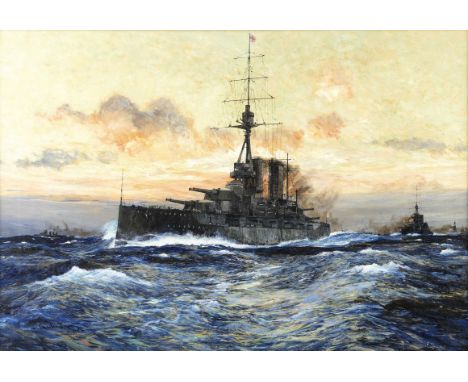 Charles Edward Dixon (British, 1872-1934)HMS Queen Elizabeth leading other capital ships of the fleet 'in line ahead'  signed