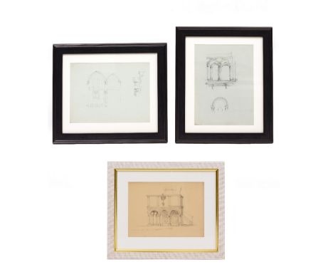 TWO FRAMED PENCIL SKETCHES one with a label to the reverse attributing them to Reverend Henry Robinson Wadmore, both of archi
