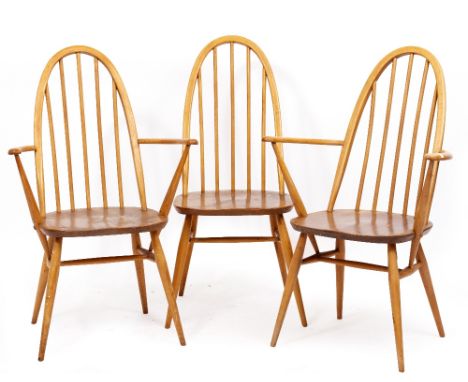 TWO ERCOL LIGHT ELM SPINDLE BACK ARMCHAIRS, a matching chair and two mid to late 20th century standard lamps (5) Condition: s
