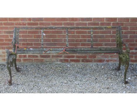 A VICTORIAN CAST IRON GARDEN BENCH FRAME with lions head finials (for restoration), 184cm wide x 72cm deep x 81.5cm high Cond