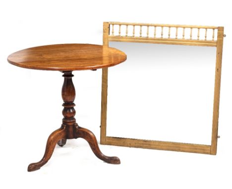 A 19TH CENTURY MAHOGANY TILT TOP TRIPOD TABLE with turned support and splaying feet, 75.5cm diameter x 70cm high together wit