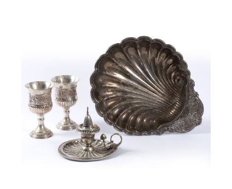 A PAIR OF SILVER PLATED GOBLETS, a scallop design chamber stick and snuff, a large silver plated scalloped bowl Condition: th